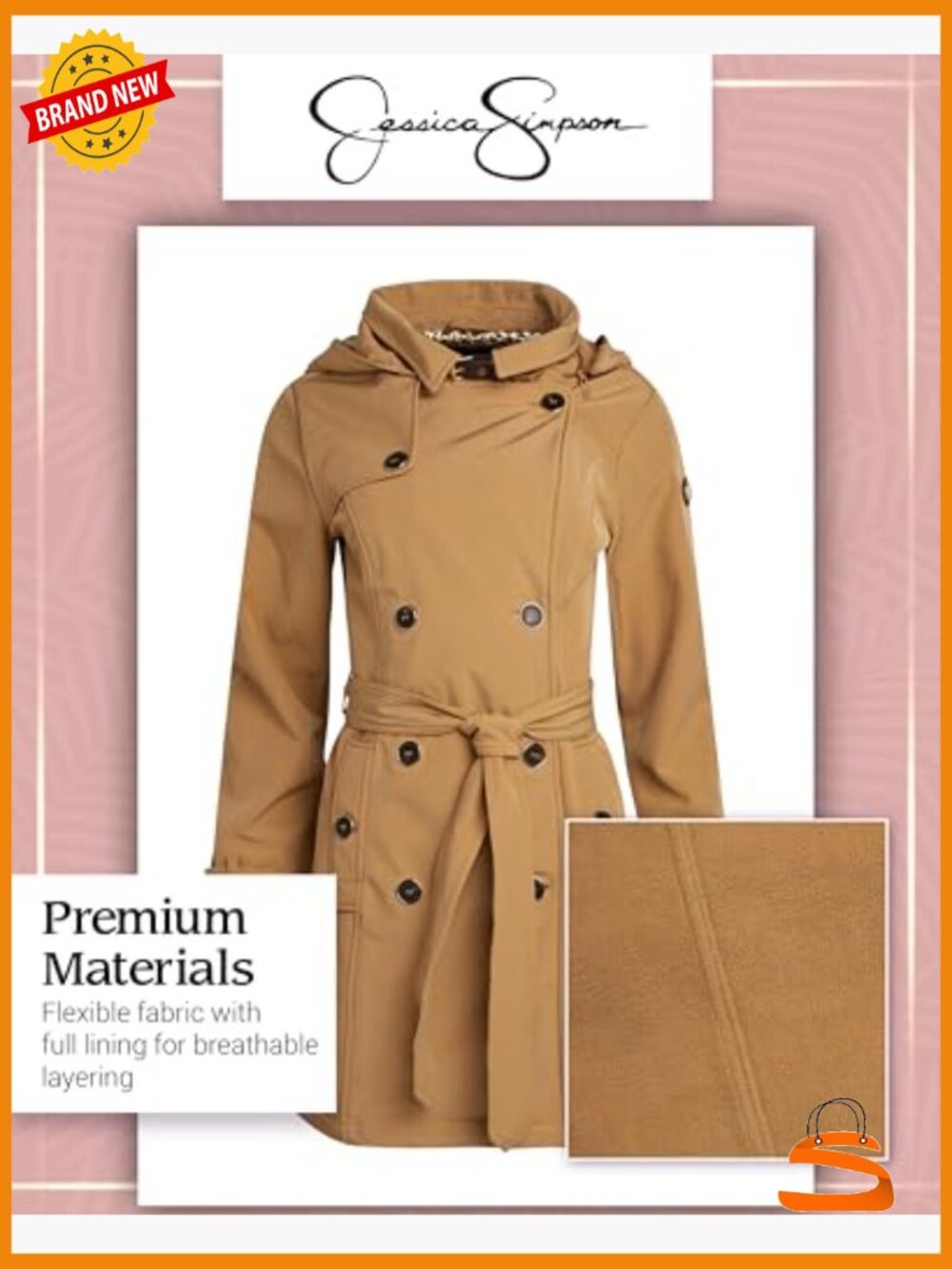 Trench Coat with Hood - Belted Softshell Jacket - Polar Fleece Lining - - Picture 6 of 7